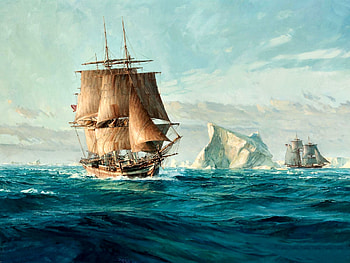 Arctic Sailboats , sea, arctic icebergs, high seascape, icebergs, art, beautiful, artwork, scenery, wide screen, waves, painting, sailing ship, ocean HD wallpaper