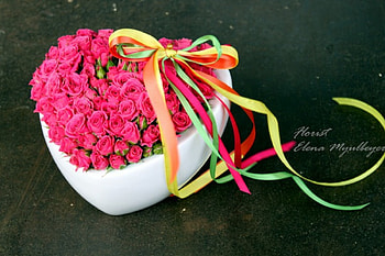 Say it with flowers!, sweet, white, colored, roses, entertainment, ribbon, beautiful, precious, pink, fashion, love, shape, heart, forever, bow HD wallpaper