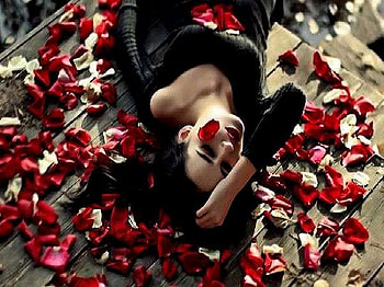 Rose petal shower, black dress, roses, petals, red, laying down, beautiful, flowers, woman HD wallpaper