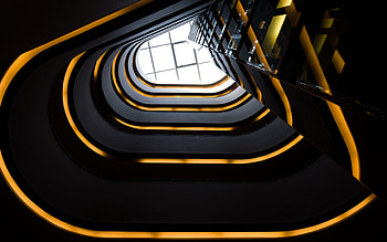 staircase, bottom-up view, black circular staircase, business center, stylish staircase, path to the top HD wallpaper
