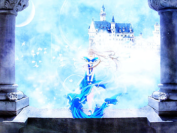Castle in Heaven, wings, white, belldandy, series, ova, ah my goddess, goddess, anime, heaven, clouds, sky, castle, manga HD wallpaper