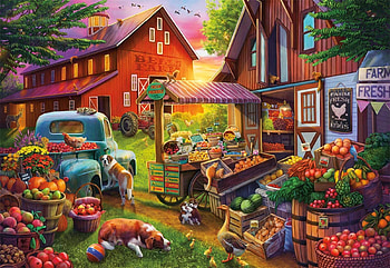 Bell's Farm, dog, barn, car, house, fruits, pumpkins, artwork, apples, painting, farmyard, flowers HD wallpaper