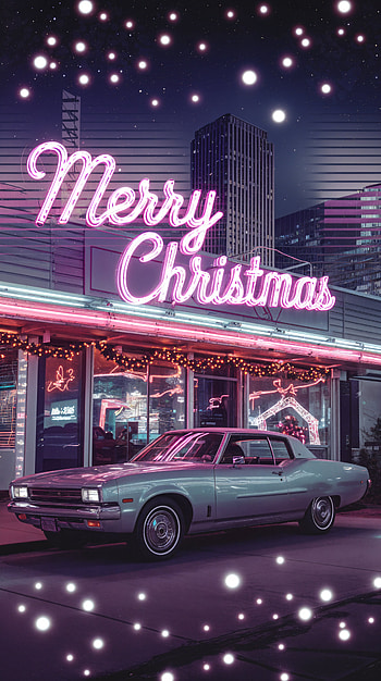 Retro Christmas Vibes: A Delight, Christmas, neon sign, vintage car HD phone wallpaper
