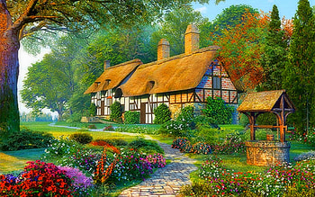 Cottage, House, Village, Trees, Flowers, Road, Garden HD wallpaper