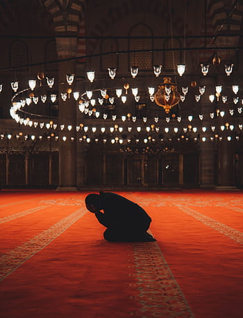 A man in silhouette kneels in prayer inside a beautifully illuminated mosque in Istanbul. HD phone wallpaper