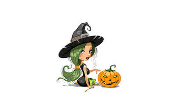 Halloween Witch, white background, halloween, vector, witch, pumpkin HD wallpaper