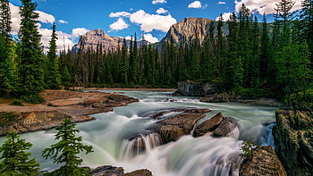 Kicking Horse River, Yoho National Park, British Columbia, landscape, clouds, cascades, trees, sky, canada, rocks, forest HD wallpaper