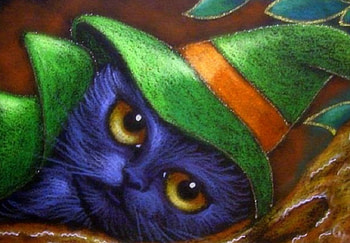 Green Witch's Hat, love four seasons, black cat, halloween, holiday, animals, cats, paintings, hat HD wallpaper