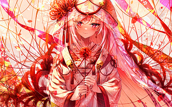 Mori Calliope, kimono, Virtual YouTuber, VTuber, artwork, pink hair, manga, Mori Calliope channel HD wallpaper
