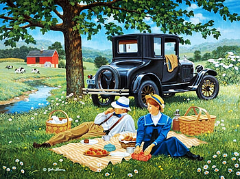 Picnic for Two, artwork, blanket, car, pair, food, vintage HD wallpaper