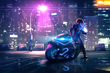 Cyberpunk Bike Street Light, artist, artwork, artstation, cyberpunk, biker HD wallpaper