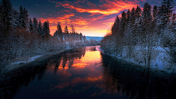 Sunrise in Styria, Austria, river, clouds, colors, trees, sky, water, alps, reflections, landscape HD wallpaper