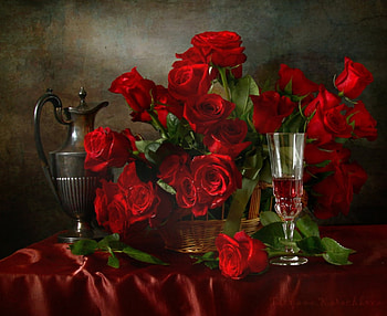Red roses, Roses, Bouquet, Wine, Glass HD wallpaper