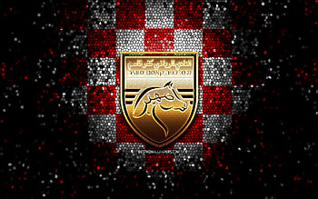 MS Kafr Qasim FC, glitter logo, Leumit League, red white checkered background, soccer, Israeli football club, MS Kafr Qasim logo, mosaic art, football, MS Kafr Qasim HD wallpaper