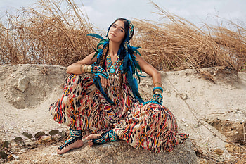 Gipsy girl, blue, sand, girl, gipsy, beauty, beach, woman, summer, fashion HD wallpaper