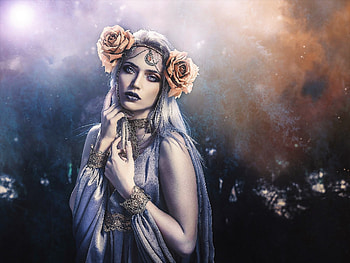 Beauty, blue, frumusete, rebeca saray, girl, orange, hand, woman, rose, moon, fantasy, luna, luminos HD wallpaper