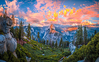 Yosemite NP, California, trees, colors, sky, mountains HD wallpaper