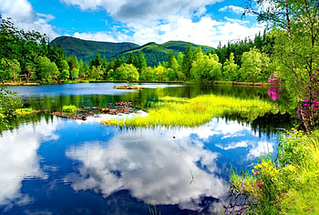 Blue sky reflections, blue, river, lakeshore, crystal, reflection, trees, greenery, amazing, landscape, grass, lake, cabin, summer, mirrored, clouds, nature, sky, clear HD wallpaper