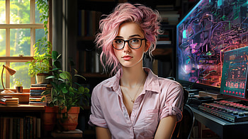 Pink Haired Girl With Glasses At Home Office, ai-girls, ai, pink, hairs, artist, artwork, digital-art, deviantart HD wallpaper