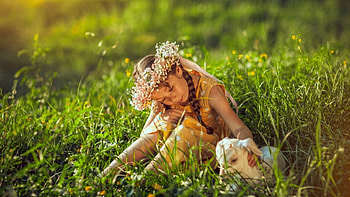 Cute Little Girl, meadow, girl, grass, lamb HD wallpaper