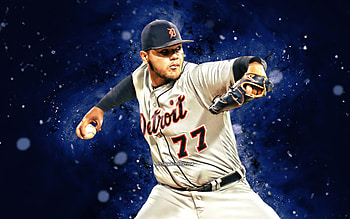 Joe Jimenez, , Detroit Tigers, MLB, baseman, baseball, Jo Jo, Joe Alexander Jimenez, blue neon lights, Joe Jimenez Detroit Tigers, Joe Jimenez HD wallpaper