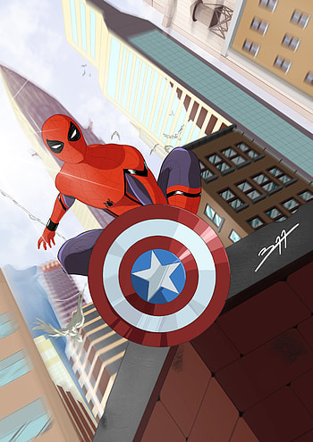 Spiderman With Captain America Shield Art, spiderman, artwork, art, artist, digital-art, behance, superheroes HD phone wallpaper
