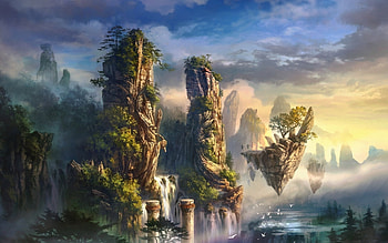 Fantasy lives within the world, life, fantasy, clouds, world, sky, mountains, statues, land HD wallpaper