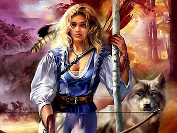 Huntress and Her Wolf, animal, abstract, fantasy, hunter, wolf, woman HD wallpaper