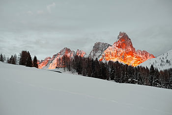 Majestic sunset illuminating snow-covered Dolomite mountains and evergreen forest. HD wallpaper