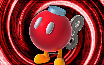 Bob omb Buddy, red grunge background, vortex, Super Mario, cartoon bomb, Super Mario characters, Super Mario Bros, Bob omb Buddy Super Mario HD wallpaper