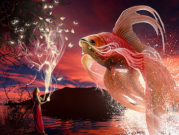 ~Bemoans of the Flight~, colorful, tears, colors, flight, digital art, red dress, charm, butterflies, scenery, abstract, fantastic, animals, fish, female, beautiful, bemoans, backgrounds, landscapes, fantasy, pretty, manipulation, models, girls, women, lovely HD wallpaper