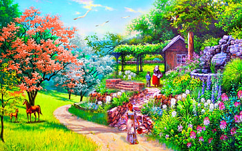 Beautiful painting, painting, art, path, house, trees HD wallpaper