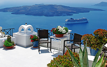 Terrace in Santorini, Greece, island, ship, Santorini, Greece, terrace HD wallpaper