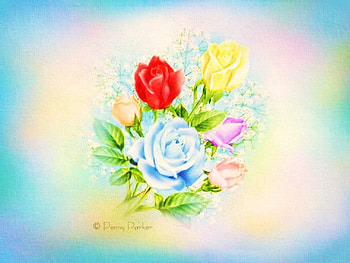 Flowerful, blue, artwork, roses, yellow, blossoms, red, flowers HD wallpaper