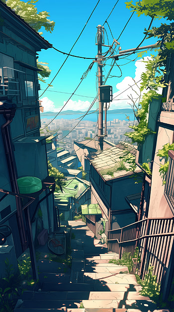 Urban Anime Escape !, Anime, anime city, urban, stairs, cityscape HD phone wallpaper