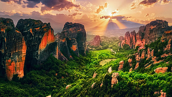 Meteora, Greece, rocks, sunset, cloister, sly, colors, clouds, landscape HD wallpaper