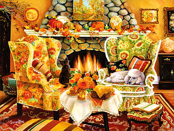 The Warmth of Home, autumn, chimney, cat, flowers, fire, armchairstable, dog, pumpkins, leaves, painting HD wallpaper