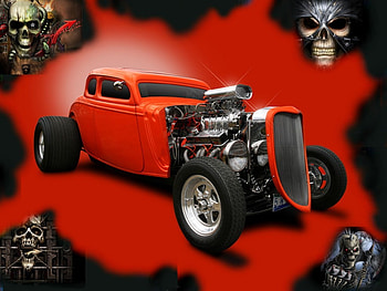 rodskull, hotrod, car, multy, red HD wallpaper