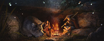 Campfire, night, fantasy, Rootworkshop, people, wolf, dark, giant HD wallpaper