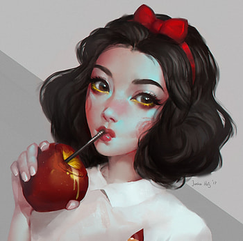 Snow White, art, brunette, girl, fantasy, portrait, red, face, apple, princess, junica hots, bow HD wallpaper