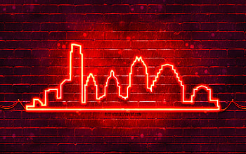 Austin red neon silhouette, , red neon lights, Austin skyline silhouette, red brickwall, american cities, neon skyline silhouettes, USA, Austin silhouette, Austin HD wallpaper
