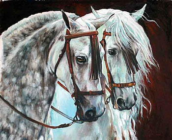 Spanish beauties, spanish, horses, white, grey, painting HD wallpaper