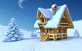wooden hut, 3D winter landscape, snowdrifts, fabulous landscape, 3D art, winter, abstract landscapes HD wallpaper