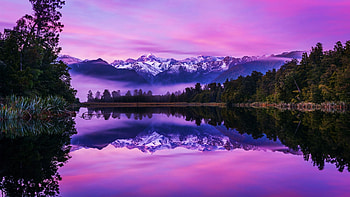 Lake Matheson, Southern Alps, New Zealand, sunset, trees, colors, landscape, water, mountains, reflections HD wallpaper