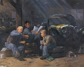 Alan Fearnley art, alan fearnley, painting, art, workshop, man, car, people HD wallpaper