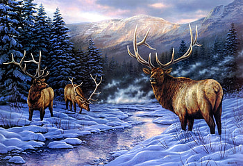 Snow, Winter, River, Buck, Tree, Artistic, Painting, Deer, Forest HD wallpaper