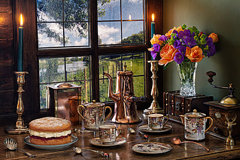 Still life, Cake, Coffee pot, Candles, Window, Bouquet HD wallpaper