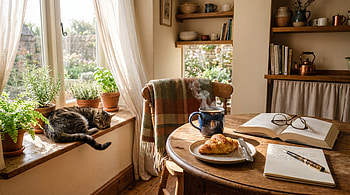 Cozy Morning Nook —, Croissant, Coffee, Cat HD wallpaper