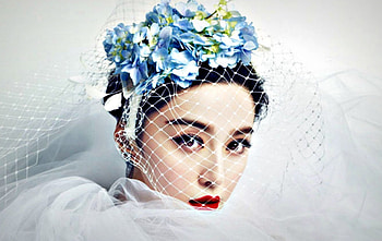 Fan Bingbing, blue, white, model, veil, girl, beauty, woman, flower, bride HD wallpaper
