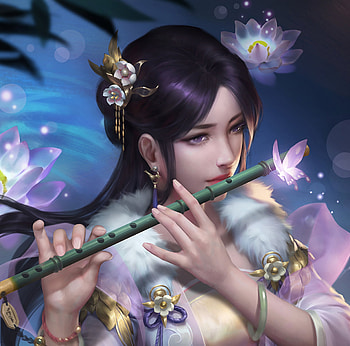 Flute singer, singer, ck, hand, blue, frumusete, flute, ckart, girl, instrument, pink, face, luminos HD wallpaper